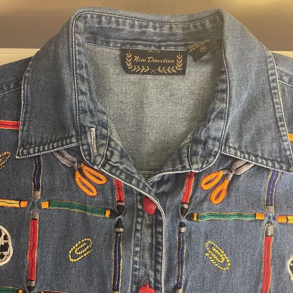 VTG Teacher School Novelty Embellished Womens Top Sz M Denim Y2K Button Up Cute - Picture 15 of 15
